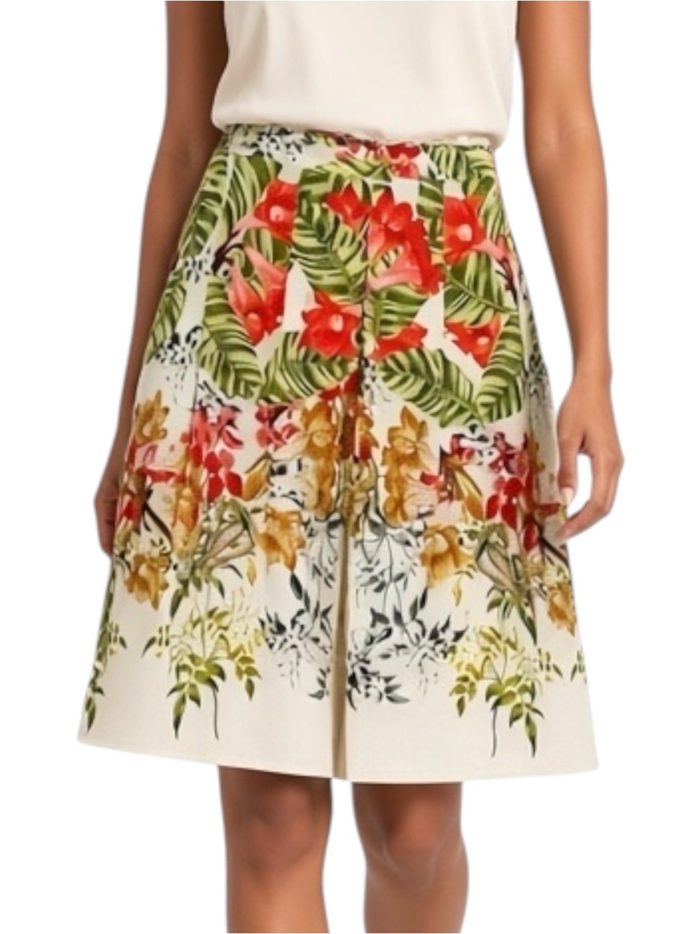 Talbots Cream Red Linen Cotton Pleated CottageCore Tropical Skirt NWOT Size 10P